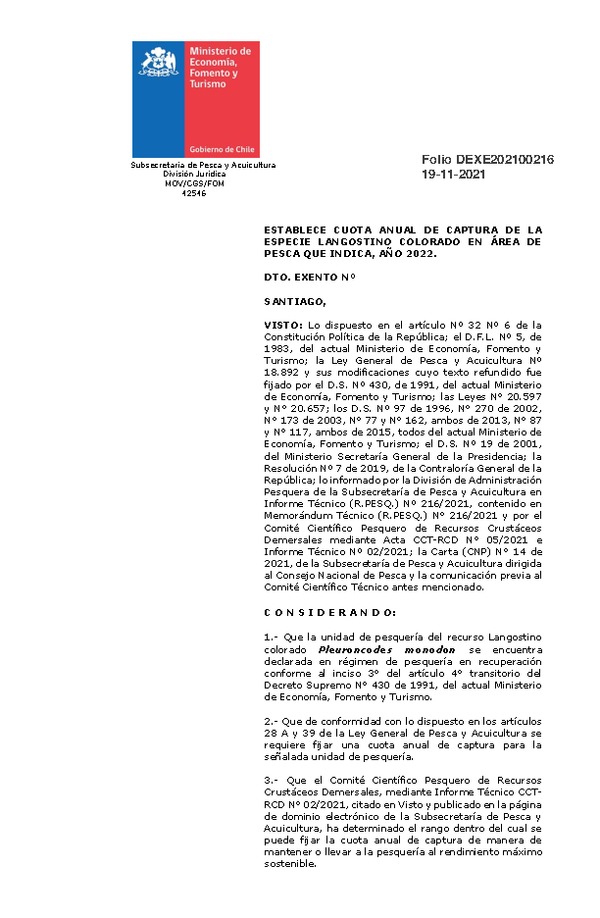 Dec. Ex. Folio 202100216 Establece Cuota Anual de Captura de la Especie Langostino Colorado en Área de Pesca que Indica, año 2022. (Publicado en Página Web 19-11-2021)