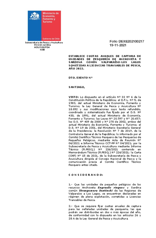 Dec. Ex. Folio N° 202100217 Establece Cuotas Anuales de Captura de Pesquería de Anchoveta y Sardina Común, Valparaíso - Los Lagos Sometidas a Licencias Transables de Pesca, Año 2021. (Publicado en Página Web 22-11-2021)