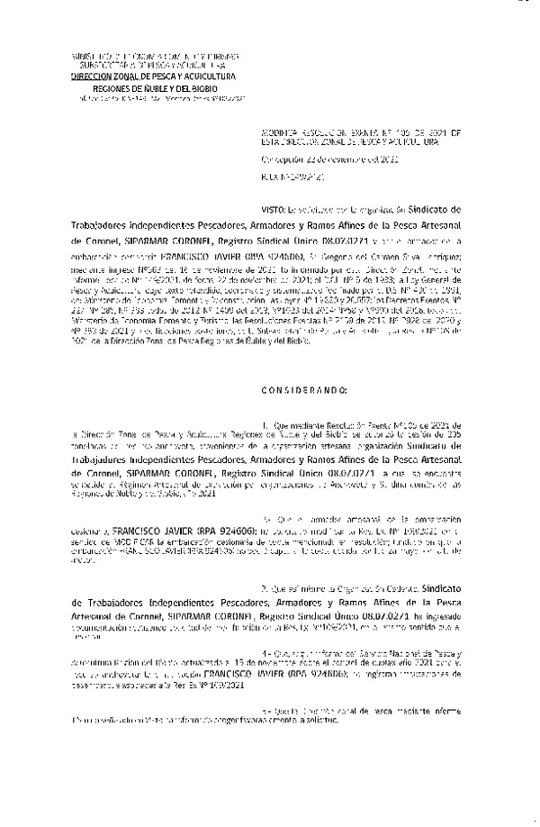 Res. Ex. N° 149-2021 (DZP Ñuble y del Biobío) Modifica Res. Ex. N° 109-2021 (DZP Ñuble y del Biobío) (Publicado en Página Web 22-11-2021)