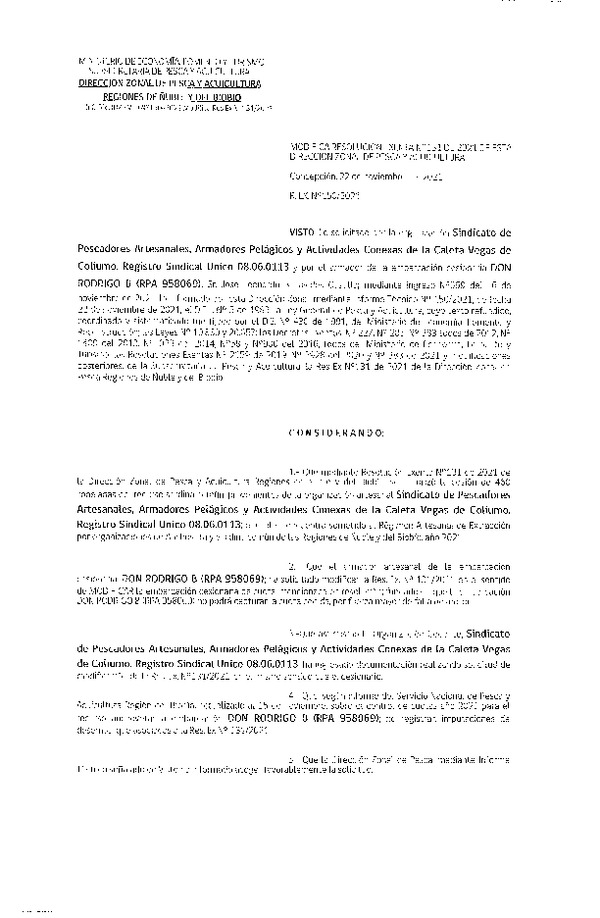 Res. Ex. N° 150-2021 (DZP Ñuble y del Biobío) Modifica Res. Ex. N° 131-2021 (DZP Ñuble y del Biobío) (Publicado en Página Web 22-11-2021)