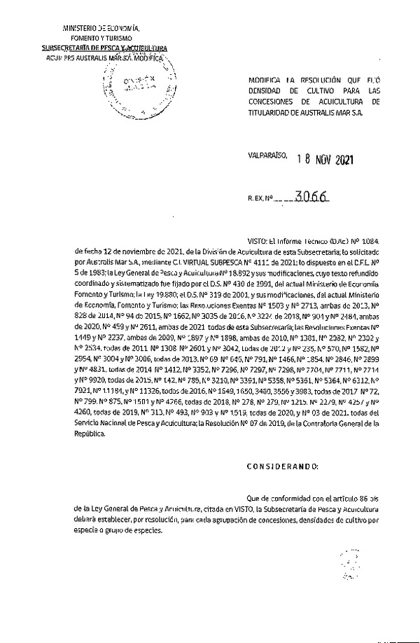 Res. Ex. N° 3066-2021 Modifica Res. Ex N° 459-2021 Fija densidad de cultivo para las concesiones de acuicultura de titularidad de Australis Mar S.A. (Con Informe Técnico) (Publicado en Página Web 23-11-2021).