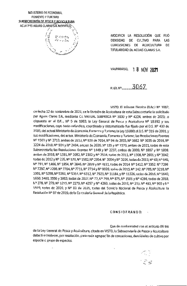 Res. Ex. N° 3067-2021 Modifica Res. Ex. 155-2021 Fija densidad de cultivo para concesiones de acuicultura de titularidad de Aguas Claras S.A. (Con Informe Técnico) (Publicado en Página Web 23-11-2021)