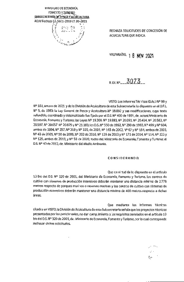 Res. Ex. N° 3073-2021 Rechaza solicitud de concesión de acuicultura que indica.