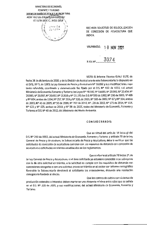 Res. Ex. N° 3074-2021 Rechaza solicitud de relocalización de concesiones de acuicultura que indica.