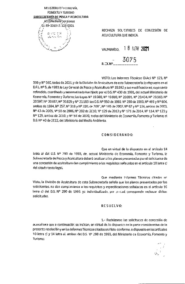 Res. Ex. N° 3075-2021 Rechaza solicitudes de concesiones de acuicultura que indica.