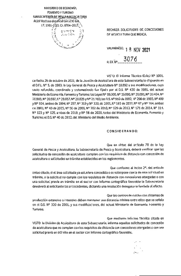 Res. Ex. N° 3076-2021 Rechaza solicitudes de concesiones de acuicultura que indica.