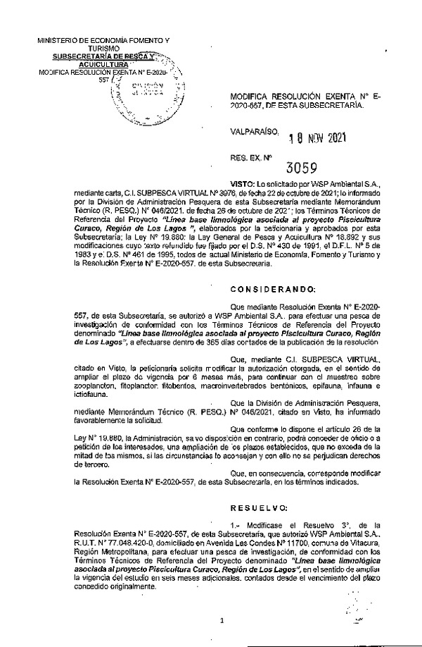 Res. Ex. N° 3059-2021 Modifica R. EX. Nº E-2020-557 Línea base limnológica asociada al Proyecto Piscicultura Curaco, Región de Los Lagos. (Publicado en Página Web 23-11-2021)