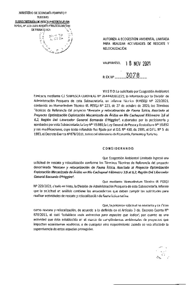 Res. Ex. N° 3078-2021 Rescate y Relocalización de Fauna Íctitca, Región del Libertador Bernardo O´Higgins.. (Publicado en Página Web 23-11-2021).