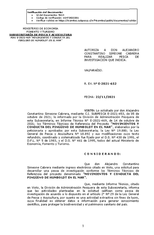 R. EX. Nº E-2021-652 MOVIMIENTOS Y CONDUCTA DEL PINGÜINO DE HUMBOLDT EN EL MAR. (Publicado en Página Web 23-11-2021)