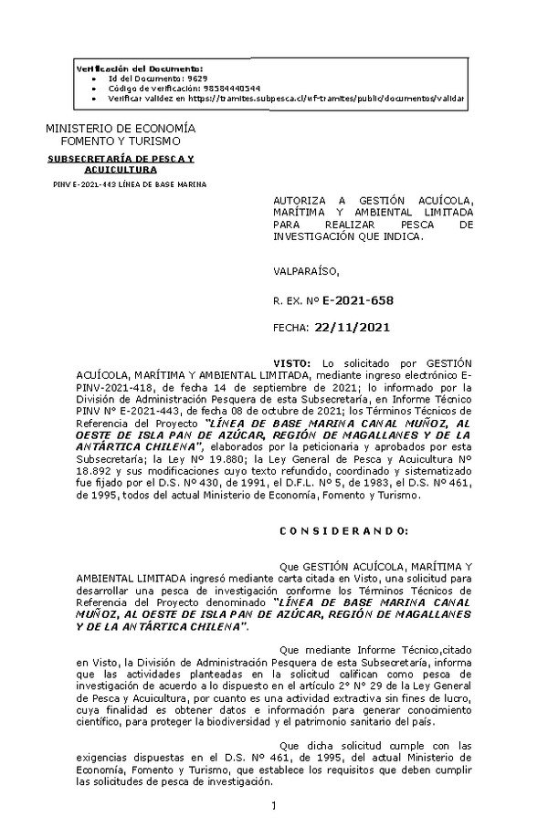 R. EX. Nº E-2021-658 LÍNEA DE BASE MARINA CANAL MUÑOZ, AL OESTE DE ISLA PAN DE AZÚCAR, REGIÓN DE MAGALLANES Y DE LA ANTÁRTICA CHILENA. (Publicado en Página Web 23-11-2021)