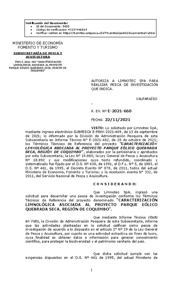 R. EX. Nº E-2021-660 CARACTERIZACIÓN LIMNOLÓGICA ASOCIADA AL PROYECTO PARQUE EÓLICO QUEBRADA SECA, REGIÓN DE COQUIMBO. (Publicado en Página Web 23-11-2021)