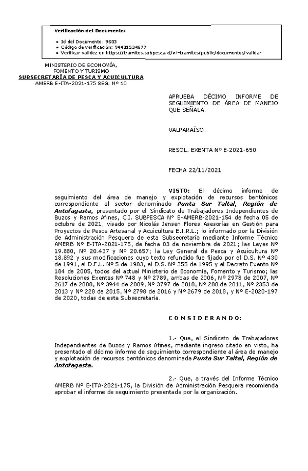 RESOL. EXENTA Nº E-2021-650 Aprueba 10° seguimiento. (Publicado en Página Web 23-11-2021)