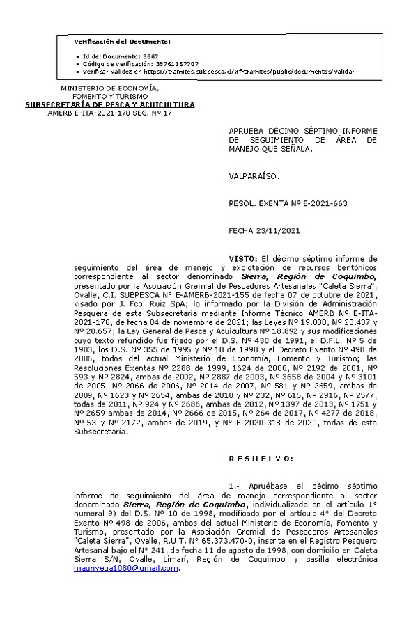 RESOL. EXENTA Nº E-2021-663  Aprueba 17° seguimiento. (Publicado en Página Web 24-11-2021)