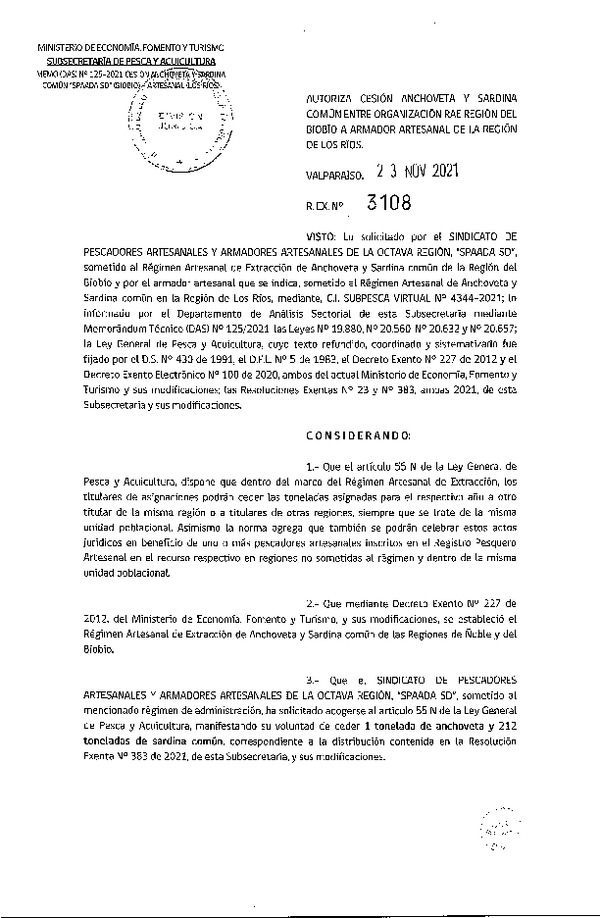 Res. Ex. N° 3108-2021 Autoriza Cesión anchoveta y sardina común Regiones del Biobío a Los Ríos. (Publicado en Página Web 24-11-2021).
