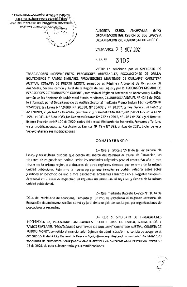 Res. Ex. N° 3109-2021 Autoriza Cesión anchoveta Regiones de Los Lagos a Ñuble-Biobío. (Publicado en Página Web 24-11-2021).