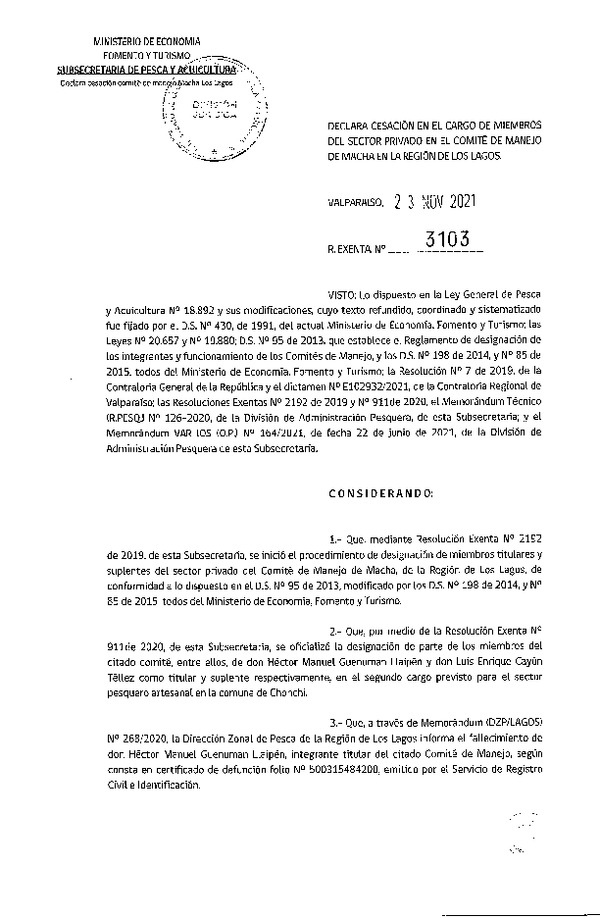 Res. Ex. N° 3103-2021 Declara Cesación en el Cargo de Miembros del Sector Privado en el Comité de Manejo de Macha en la Región de Los Lagos. (Publicado en Página web 24-11-2021)