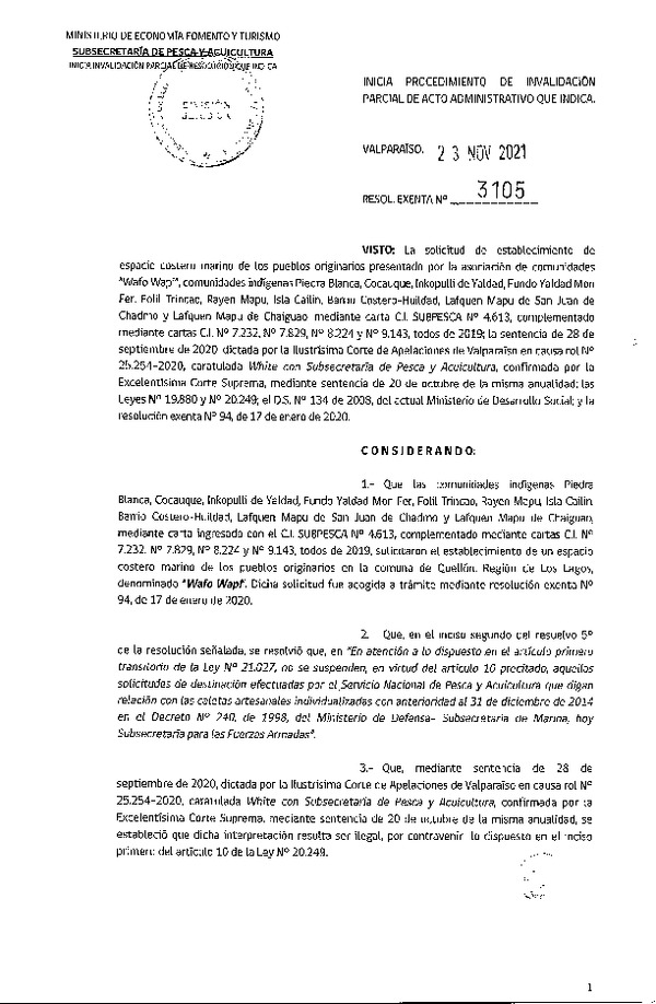 Res. Ex. N° 3105-2021 Inicia procedimiento de invalidación parcial de acto administrativo que indica.