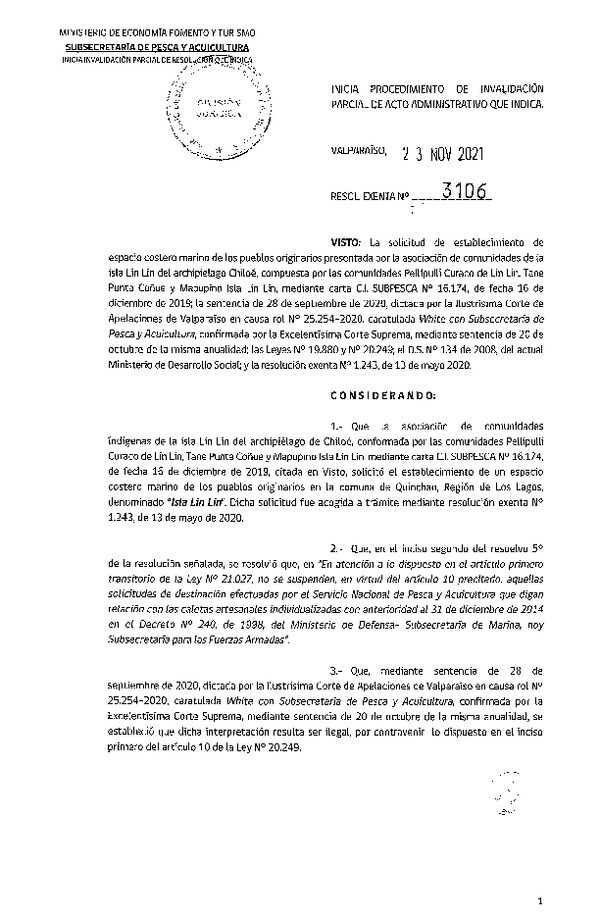 Res. Ex. N° 3106-2021 Inicia procedimiento de invalidación parcial de acto administrativo que indica.