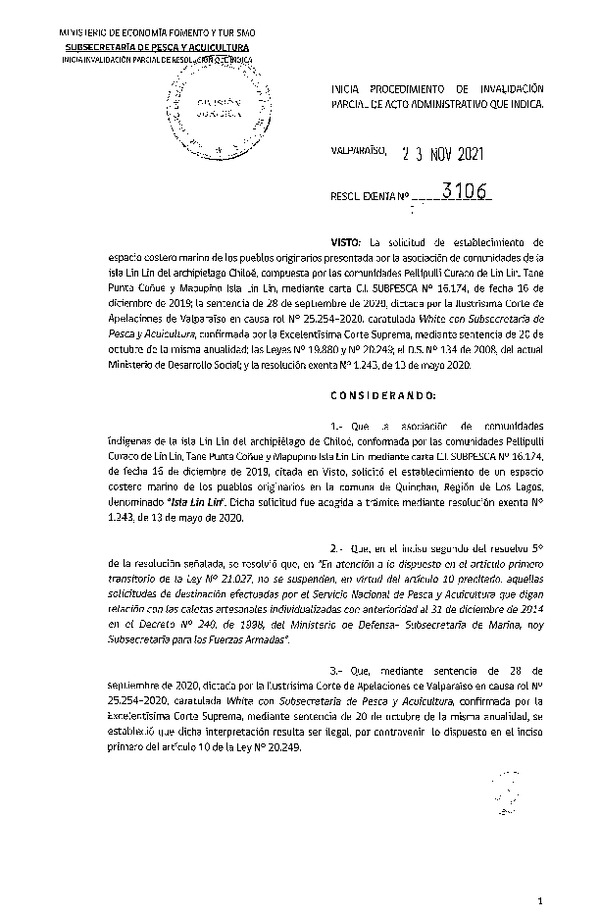 Res. Ex. N° 3106-2021 Inicia procedimiento de invalidación parcial de acto administrativo que indica.