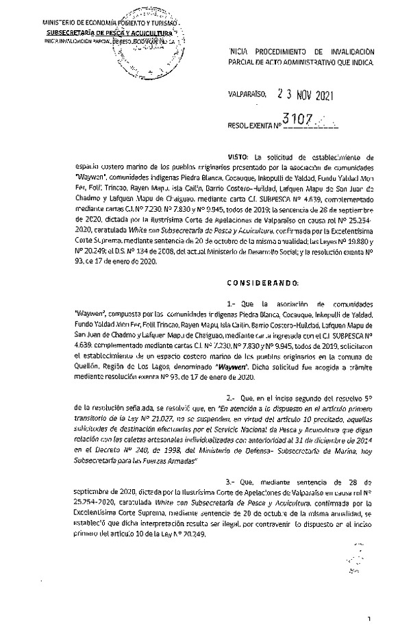 Res. Ex. N° 3107-2021 Inicia procedimiento de invalidación parcial de acto administrativo que indica.