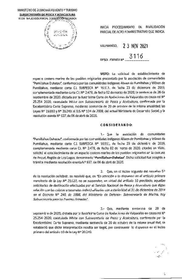 Res. Ex. N° 3116-2021 Inicia procedimiento de invalidación parcial de acto administrativo que indica.