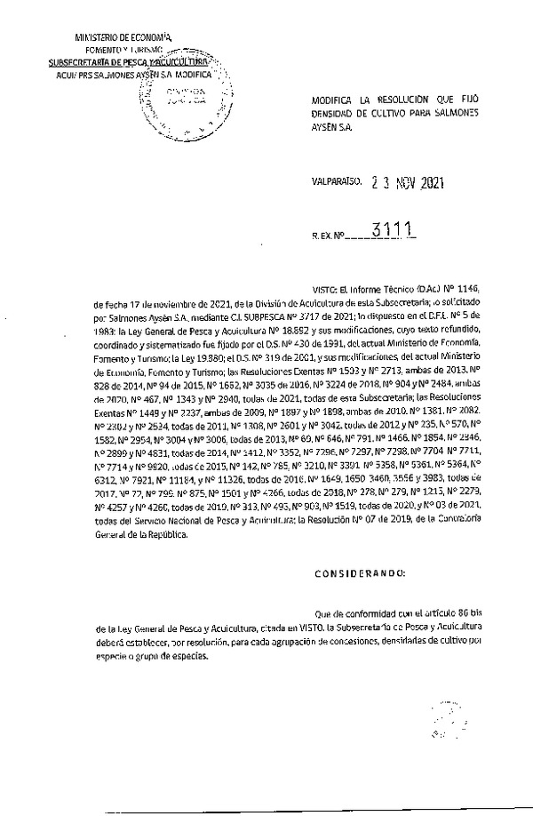 Res. Ex. N° 3111-2021 Modifica Res. Ex N° 467-2021 Fija densidad de cultivo para las concesiones de acuicultura de Salmones Aysén S.A. (Con Informe Técnico) (Publicado en Página Web 24-11-2021).