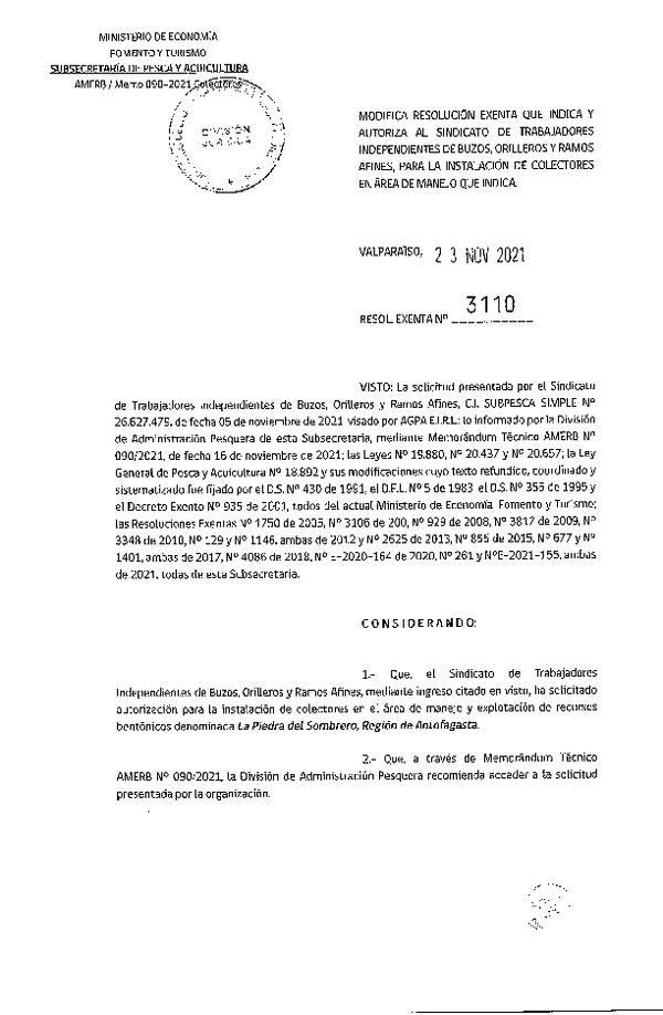 Res. Ex. N° 3110-2021 Modifica Resolución que indica, Autoriza instalación de colectores (Publicado en Página Web 24-11-2021).