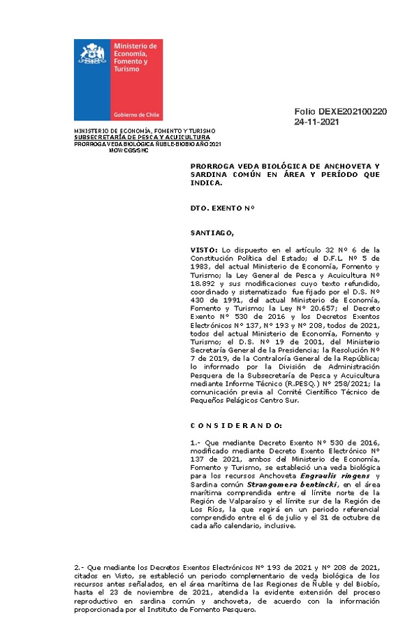 Dec. Ex. Folio N°202100220 Prorroga Veda Biológica de Anchoveta y Sardina Común, Regiones de Ñuble y del Biobío. (Publicado en Página Web 24-11-2021)