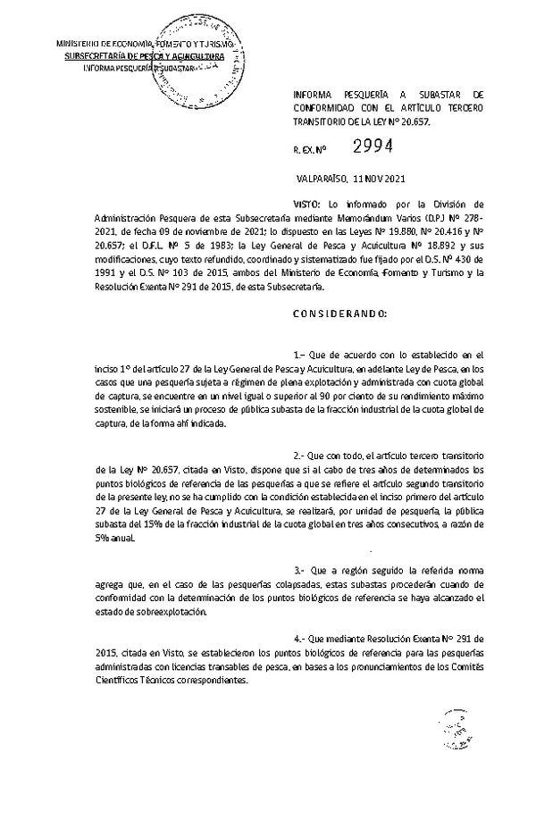 Res. Ex. N° 2994-2021 Informa Pesquerías a Subastar de Conformidad con el Artículo Tercero Transitorio de la Ley N° 20.657. (Publicado en Página Web 12-11-2021) (F.D.O. 26-11-2021)