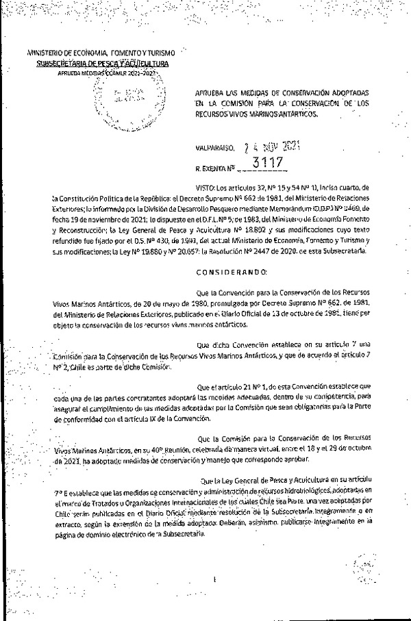 Res. Ex. N° 3117-2021 Aprueba las Medidas de Conservación y Ordenamiento Adoptadas por la Comisión Para la Conservación de los Recursos Vivos Marinos Antárticos, Temporada 2021-2022. (Publicado en Página Web 26-11-2021)