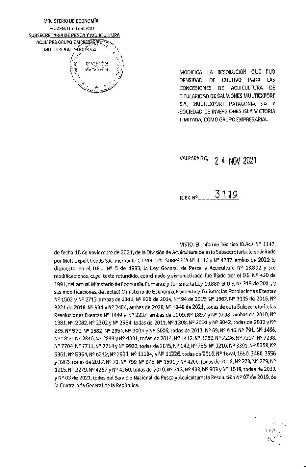 Res. Ex. N° 3119-2021 Modifica Res. Ex. N° 1848-2021 Fija densidad de cultivo para las concesiones de acuicultura de Titularidad como grupo empresarial que señala.(Con Informe Técnico) (Publicado en Página Web 26-11-2021)