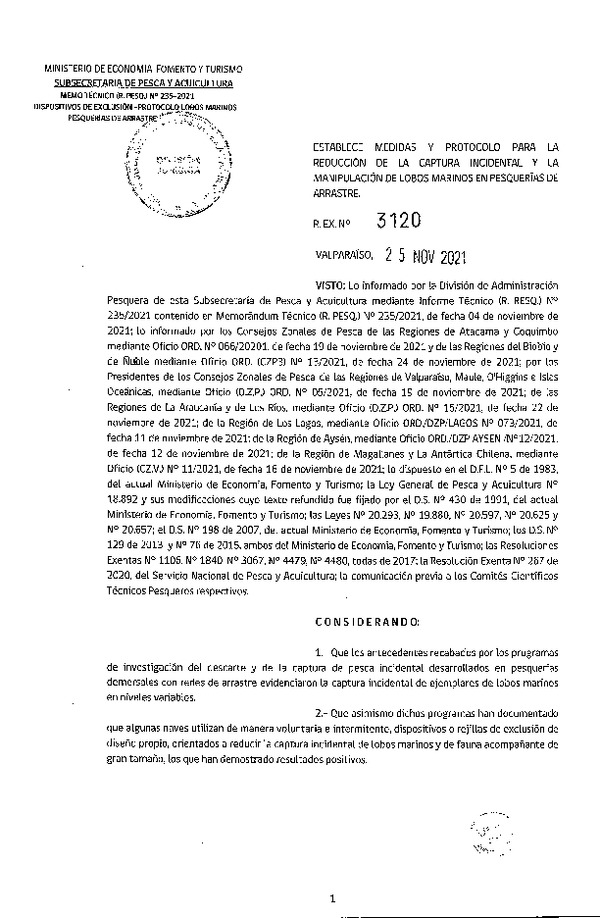 Res. Ex. N° 3120-2021 Establece Medidas y Protocolo para la Reducción de la Captura Incidental y la Manipulación de Lobos Marinos en la Pesquería de Arrastre. (Publicado en Página Web 29-11-2021)