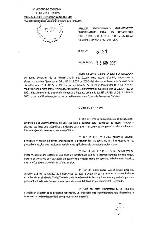 Res. Ex. N° 3121-2021 Aprueba Procedimiento Administrativo Sancionatorio para las Infracciones Contenidas en el Artículo 118 Ter de la Ley General de Pesca y Acuicultura. Publicado en Página Web  29-11-2021)