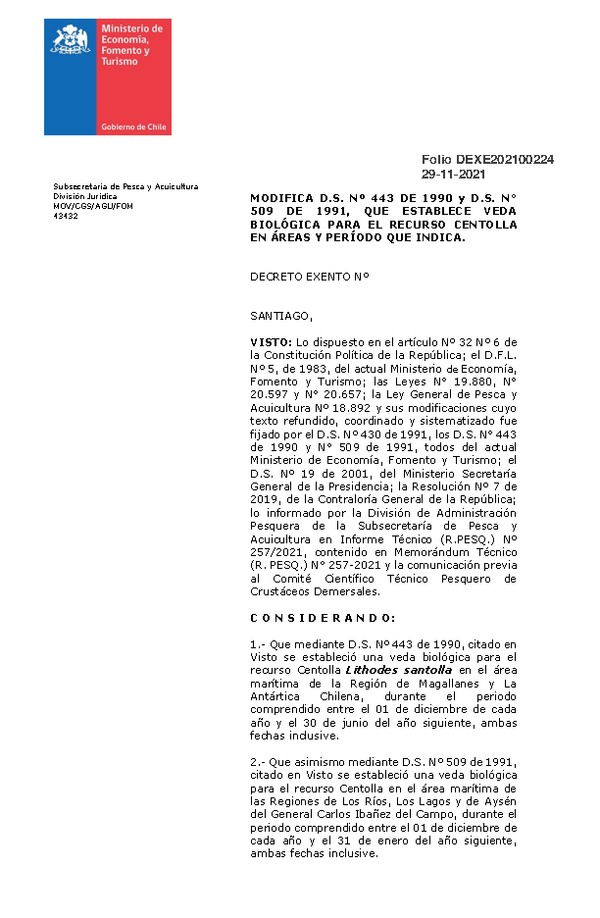 Dec. Ex. Folio 202100224 Modifica D.S. N° 443-1990 y N° 509-1991 Veda Biológica Recurso Centolla, Región de de Los Ríos a la Región de Magallanes y La Antártica Chilena. (Publicado en Página Web 29-11-2021)