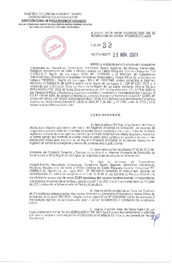 Res. Ex. 32-2021 (DZP Región de Los Lagos) Autoriza cesión sardina austral Región de Los Lagos. (Publicado en Página Web 30-11-2021)