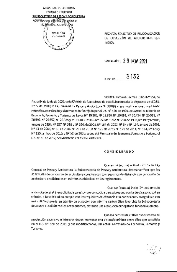 Res. Ex. N° 3132-2021 Rechaza solicitud de relocalización de concesiones de acuicultura que indica.