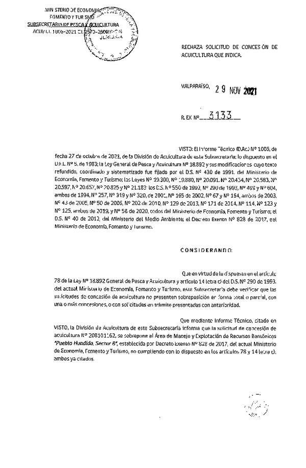 Res. Ex. N° 3133-2021 Rechaza solicitud de concesión de acuicultura que indica.