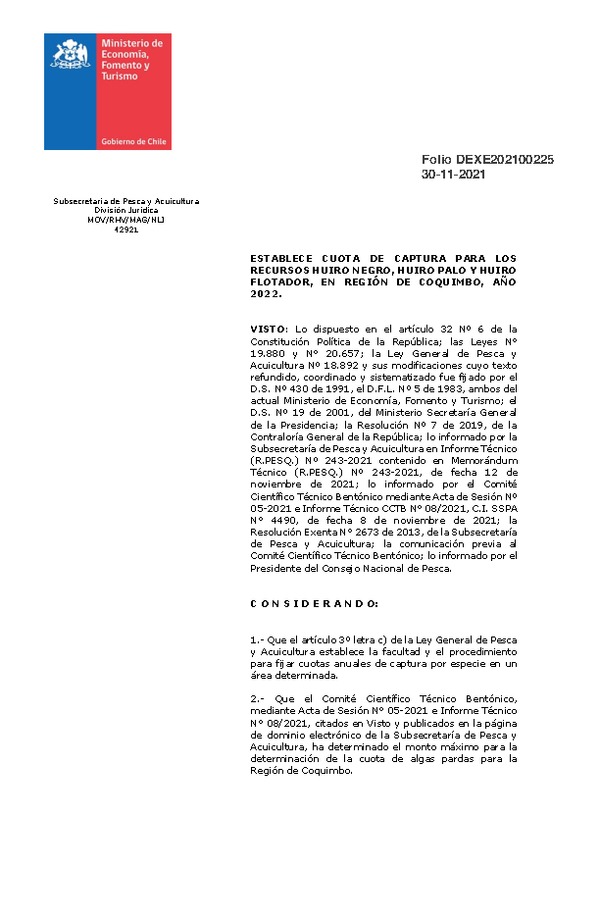 Dec. Ex. Folio 202100225 Establece Cuota de Captura para los Recursos Huiro Negro, Huiro Palo y Huiro Flotador, en Región de Coquimbo, año 2022. (Publicado en Página Web 30-11-2021)