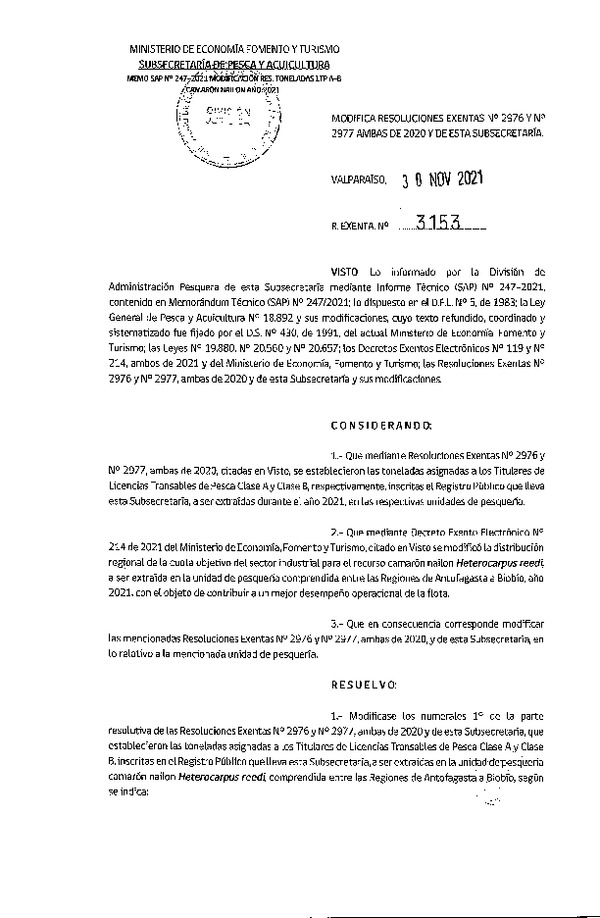 Res. Ex. N° 3153-2021 Modifica Resoluciones Exentas N°2976 de 2020 y N°2977 de 2020, ambas de esta Subsecretaría. (Publicado en Página Web 30-11-2021)