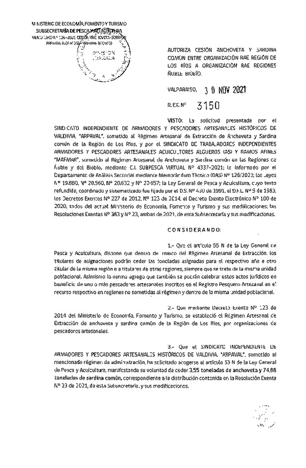 Res. Ex. N° 3150-2021 Autoriza Cesión Anchoveta y Sardina común, Región de Los Ríos a Ñuble-Biobío. (Publicado en Página Web 01-12-2021)