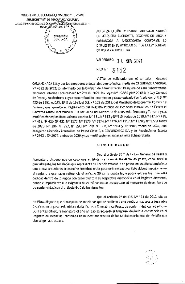 Res. Ex. N° 3152-2021 Autoriza Cesión Anchoveta, Regiones de Arica y Parinacota a Región de Antofagasta. (Publicado en Página Web 01-12-2021)