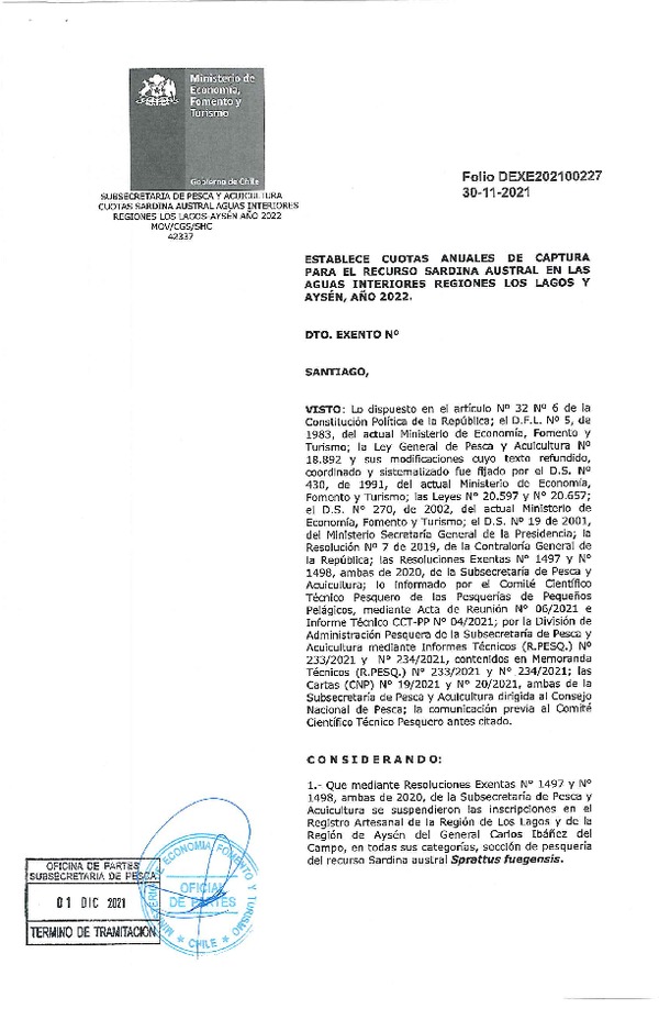 Dec. Ex. Folio 202100227 Establece Cuotas Anuales de Captura para el Recurso Sardina Austral en las Aguas Interiores Regiones de Los Lagos y Aysén, Año 2022. (Publicado en Página Web 01-12-2021)