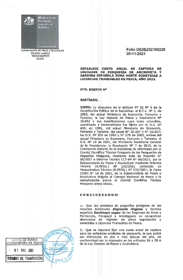 Dec. Ex. Folio 202100228 Establece Cuota de Captura de Unidades de Pesquería de Anchoveta y Sardina Española Zona Norte Sometidas a Licencias Transables de Pesca, Año 2022. (Publicado en Página Web 01-12-2021)