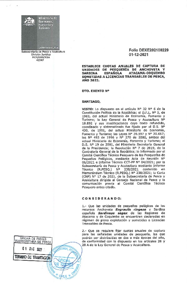 Dec. Ex. Folio 202100229 Establece Cuota de Captura de Unidades de Pesquería de Anchoveta y Sardina Española Atacama-Coquimbo Sometidas a Licencias Transables de Pesca, Año 2022. (Publicado en Página Web 01-12-2021)