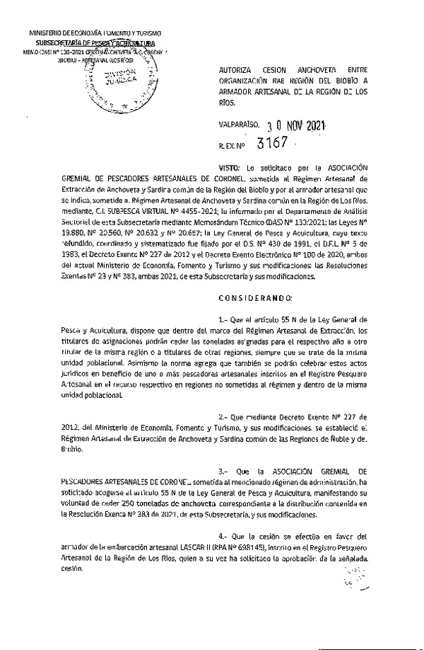 Res. Ex. N° 3167-2021 Autoriza Cesión Anchoveta, Región de Ñuble-Biobío a Región de Los Ríos. (Publicado en Página Web 01-12-2021)