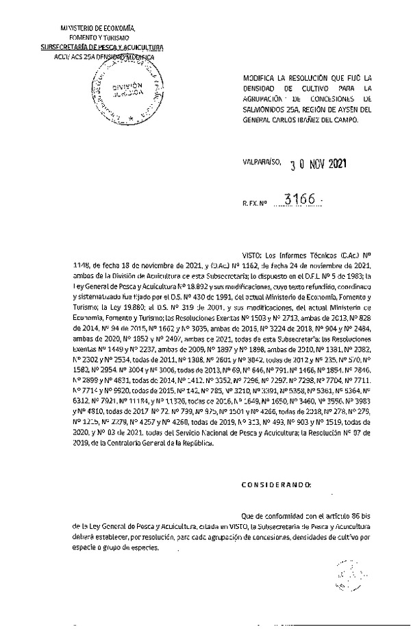 Res. Ex. N° 3166-2021 Modifica Res. Ex. N° 1852-2021 Fija densidad de cultivo para las agrupación de concesiones de salmónidos 25A en la Región de Aysén.(Con Informe Técnico) (Publicado en Página Web 01-12-2021)