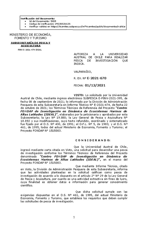 R. EX. Nº E-2021-670 Centro FONDAP de Investigación en Dinámica de Ecosistemas Marinos de Altas Latitudes (IDEAL). (Publicado en Página Web 02-12-2021)