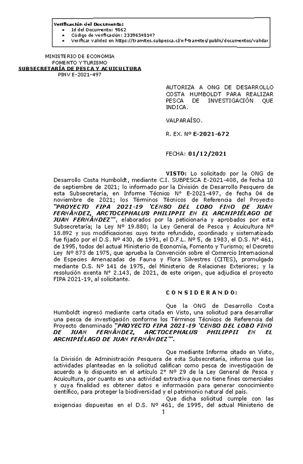 R. EX. Nº E-2021-672 PROYECTO FIPA 2021-19 ‘CENSO DEL LOBO FINO DE JUAN FERNÁNDEZ, ARCTOCEPHALUS PHILIPPII EN EL ARCHIPIÉLAGO DE JUAN FERNÁNDEZ. (Publicado en Página Web 02-12-2021)