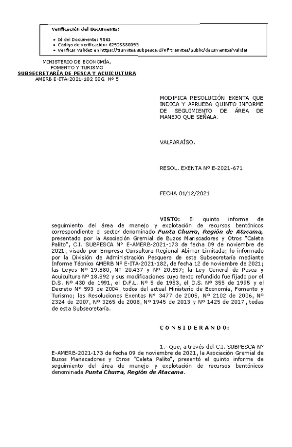 RESOL. EXENTA Nº E-2021-671 Modifica resolución que indica, Aprueba 5° seguimiento. (Publicado en página web 02-12-2021)