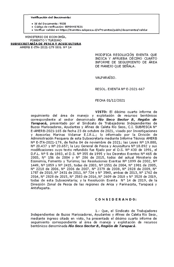 RESOL. EXENTA Nº E-2021-667 Modifica resolución que indica, Aprueba 14° seguimiento. (Publicado en página web 02-12-2021)